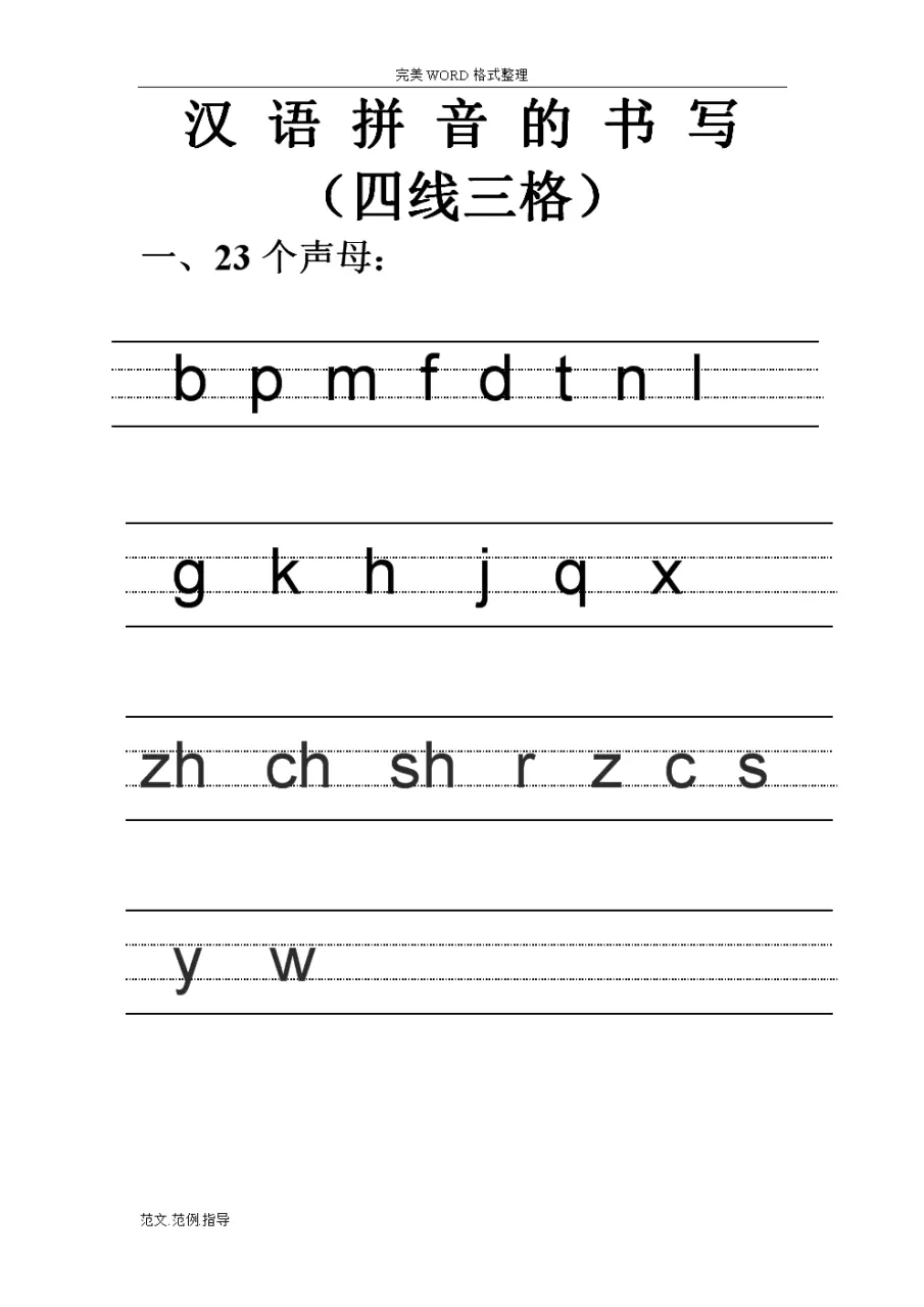 2、四线三格26个拼音字母表:26个声母大小写怎样在四线三格上写