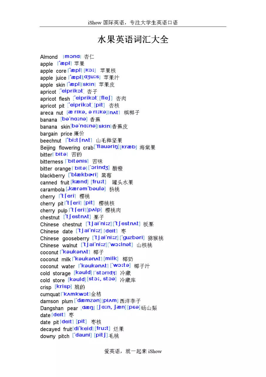 1、水果英语单词大全个:英语水果的单词